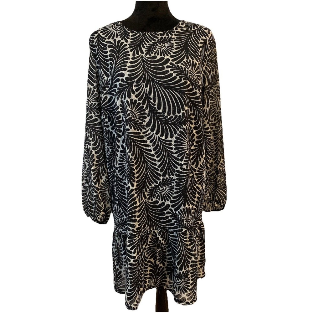 Loft Womens Size Petite Large LP Black White Leaf Print Shift Flowy Lined New